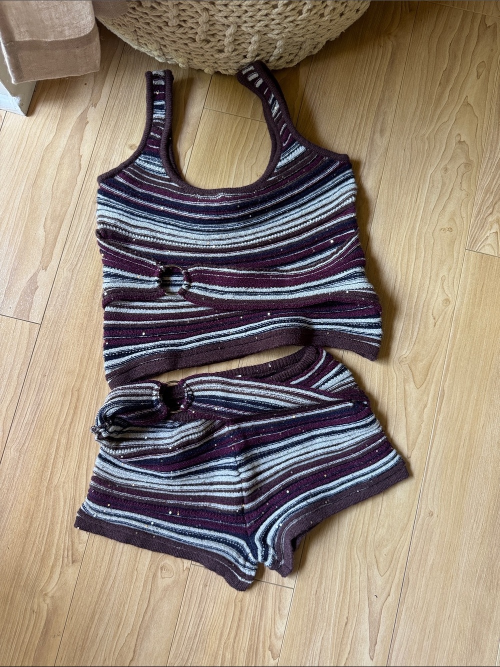 Motel Maroon & Cream Striped Knit Tank + Shorts Set